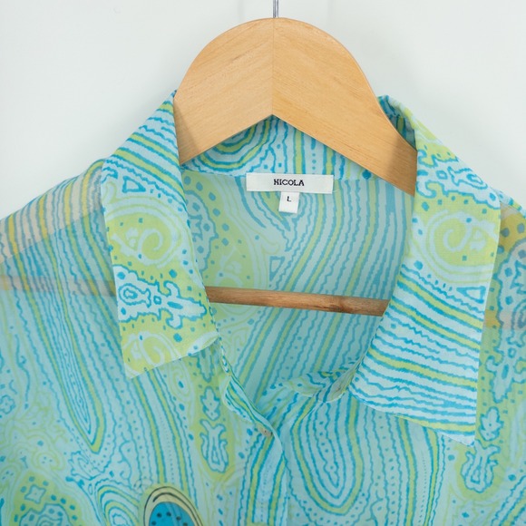 Y2K Sheer Paisley Top Womens L Turquoise Green‎ Boho Flowy Top Retro Peasant - Picture 2 of 11